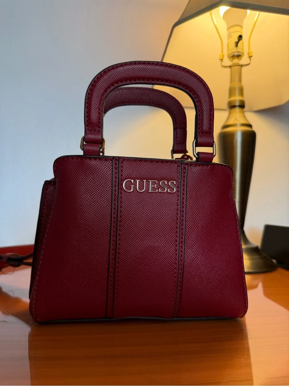 GUESS Burgundy Mini Satchel Crossbody Bag with Adjustable Strap